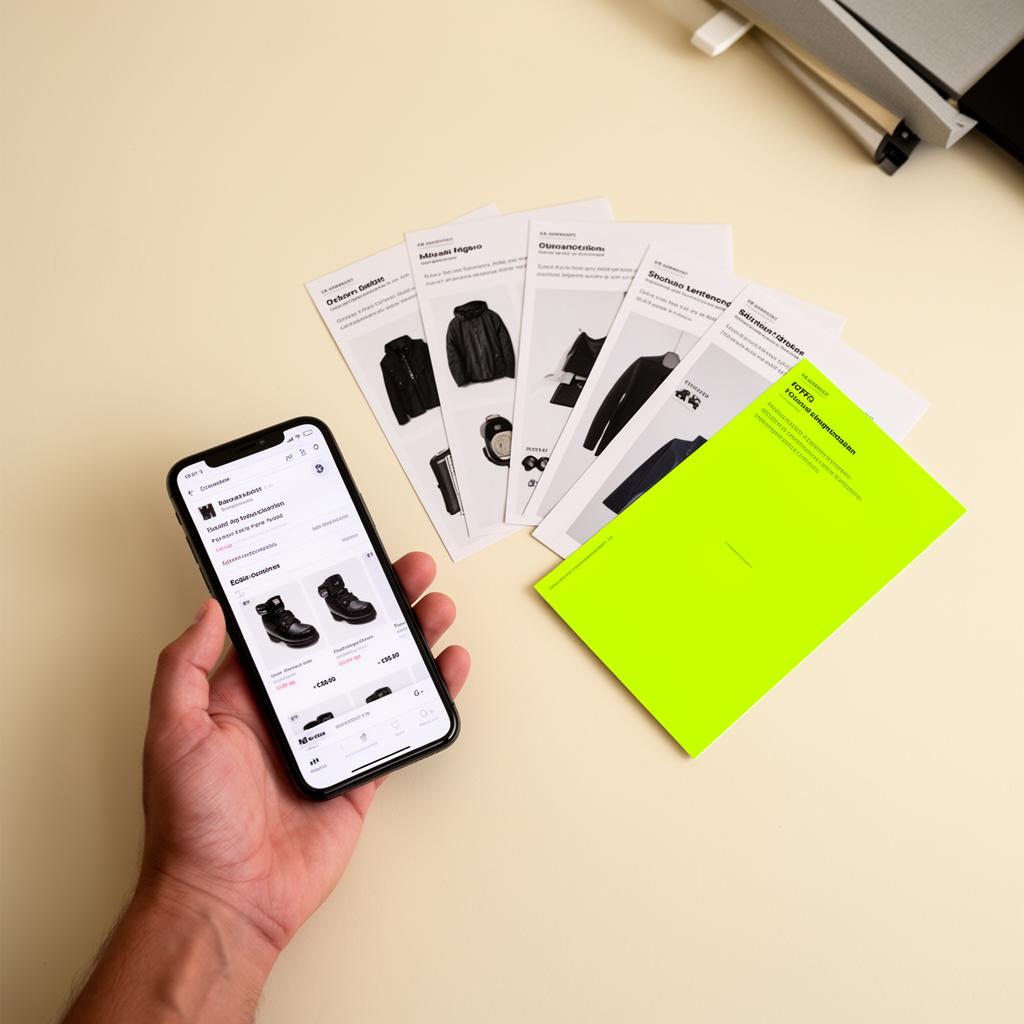 Lifestyle shot — karta produktowa IdoSell na smartfonie obok wydrukowanych mockupów